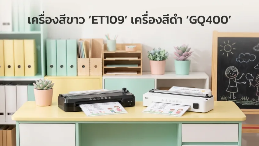 เครื่องเคลือบบัตรยี่ห้อ Deli GQ400 สีดำ และ ET109 สีขาว