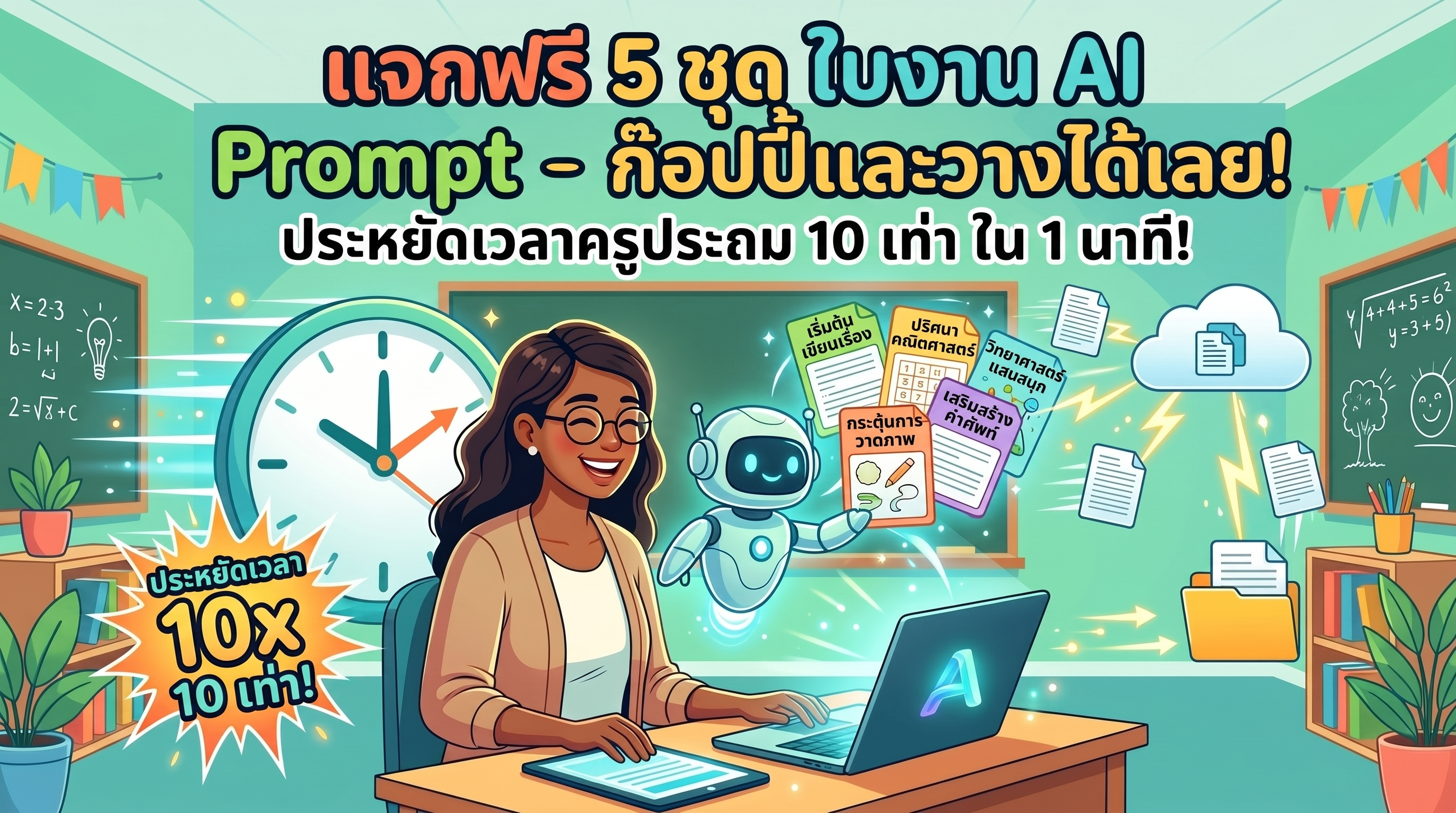 
                        แจกฟรี 5 ชุด Prompt สร้างใบงาน AI สำเร็จรูป ก๊อปวางได้เลย! ประหยัดเวลาครูประถม 10 เท่า ใน 1 นาที