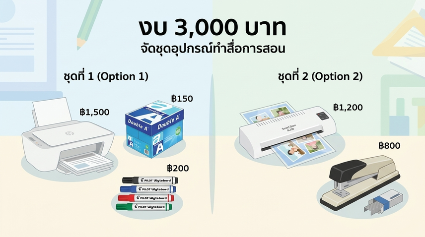 งบ 3,000 บาท จัดชุดอุปกรณ์ทำสื่อการสอนสำหรับครูประถมมือใหม่